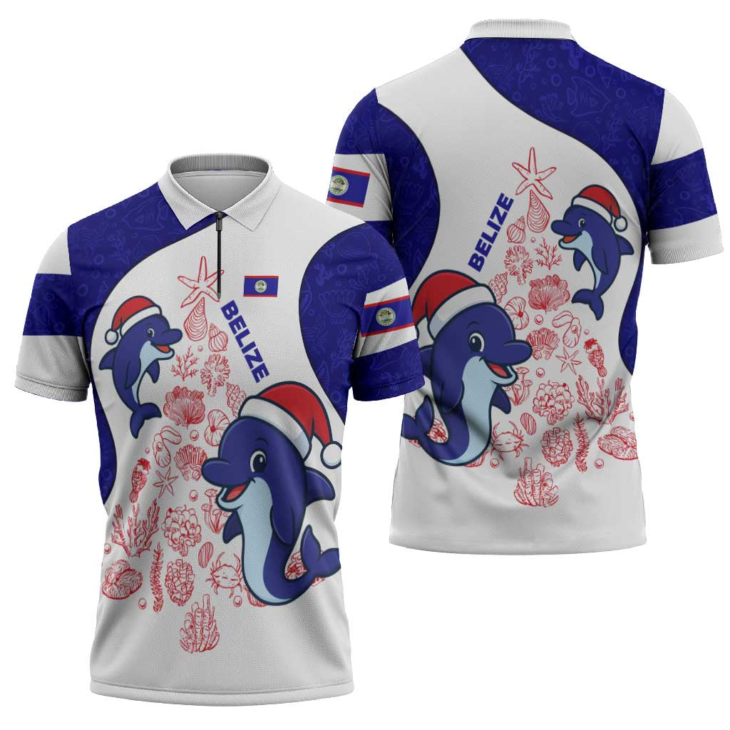 Belize Christmas Zipper Polo Shirt with Santa Dolphins Coral Reef and Ocean Holiday Theme - Wonder Print Shop