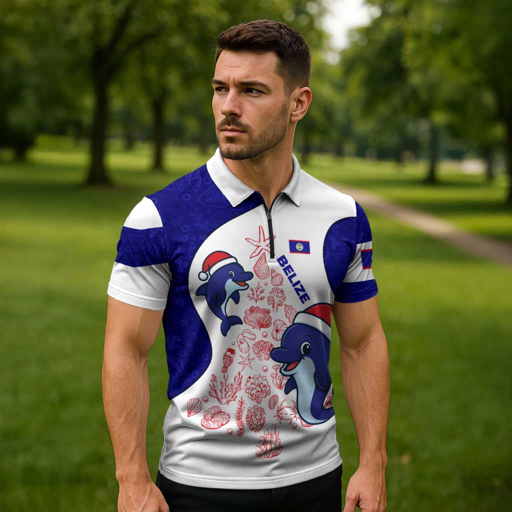 Belize Christmas Zipper Polo Shirt with Santa Dolphins Coral Reef and Ocean Holiday Theme - Wonder Print Shop