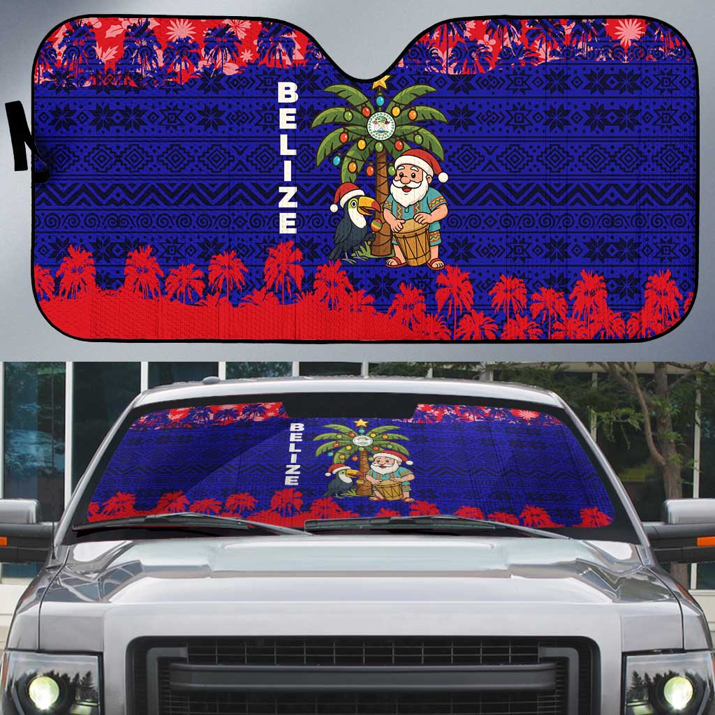 Belize Christmas Auto Sun Shade with Santa Toucan Palm Tree and Tribal Holiday Pattern - Wonder Print Shop