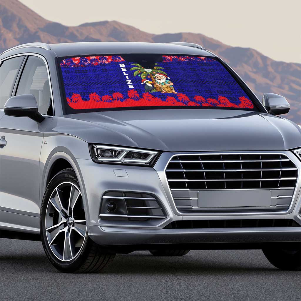 Belize Christmas Auto Sun Shade with Santa Toucan Palm Tree and Tribal Holiday Pattern - Wonder Print Shop