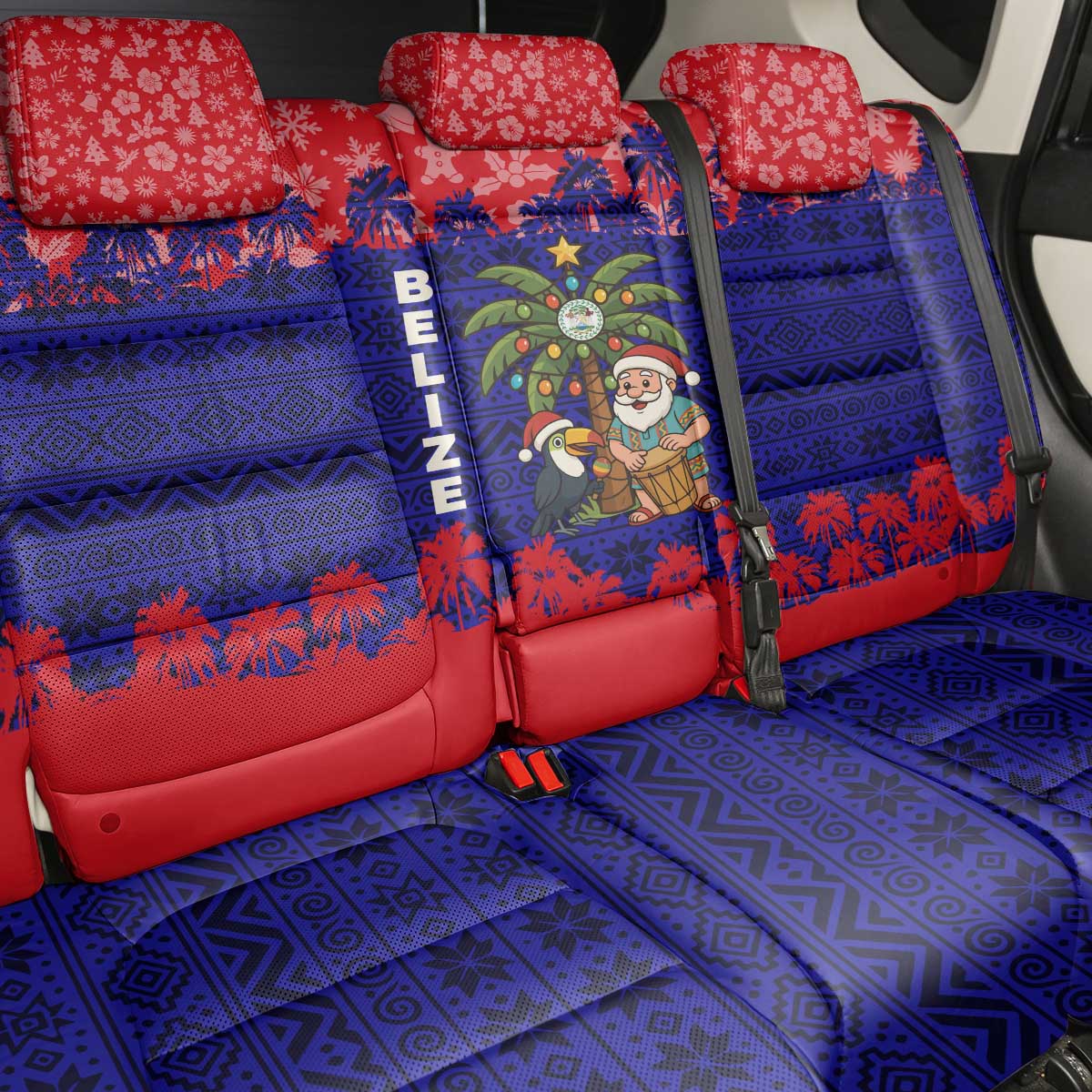 Belize Christmas Back Car Seat Cover with Santa Toucan Palm Tree and Tribal Holiday Pattern - Wonder Print Shop
