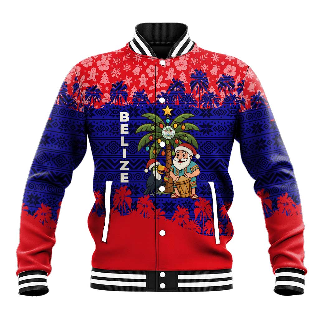 Belize Christmas Baseball Jacket with Santa Toucan Palm Tree and Tribal Holiday Pattern - Wonder Print Shop