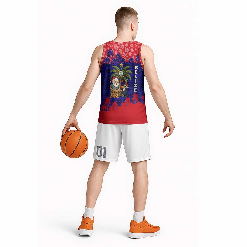 Belize Christmas Basketball Jersey with Santa Toucan Palm Tree and Tribal Holiday Pattern - Wonder Print Shop