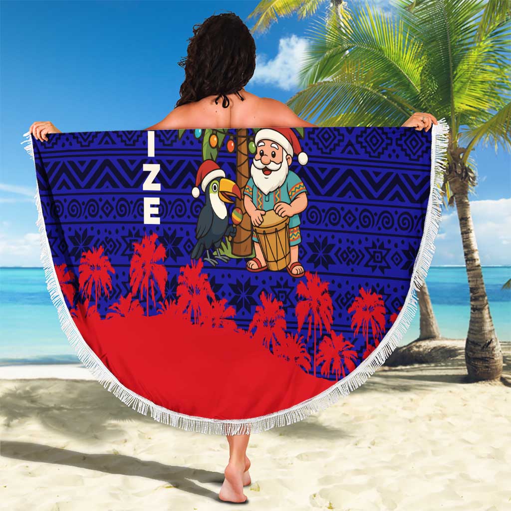 Belize Christmas Beach Blanket with Santa Toucan Palm Tree and Tribal Holiday Pattern - Wonder Print Shop