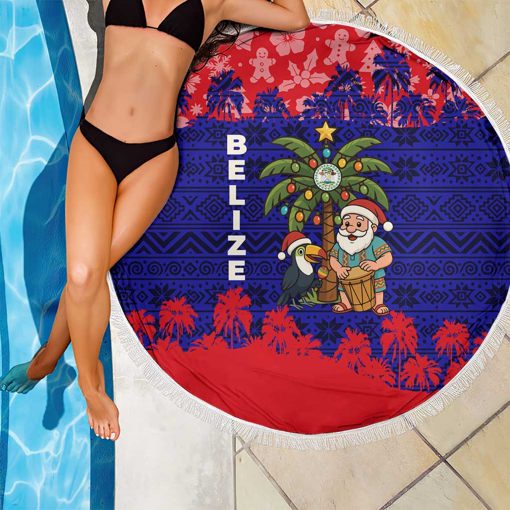 Belize Christmas Beach Blanket with Santa Toucan Palm Tree and Tribal Holiday Pattern - Wonder Print Shop