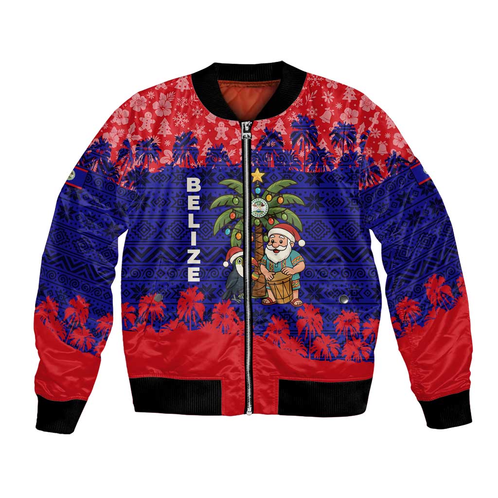 Belize Christmas Bomber Jacket with Santa Toucan Palm Tree and Tribal Holiday Pattern - Wonder Print Shop
