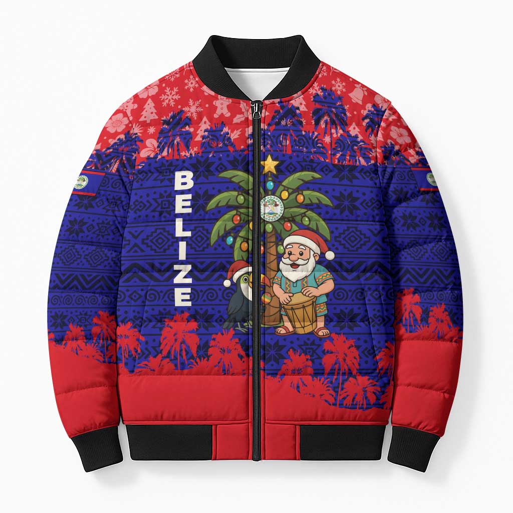 Belize Christmas Bomber Puffer Jacket with Santa Toucan Palm Tree and Tribal Holiday Pattern - Wonder Print Shop