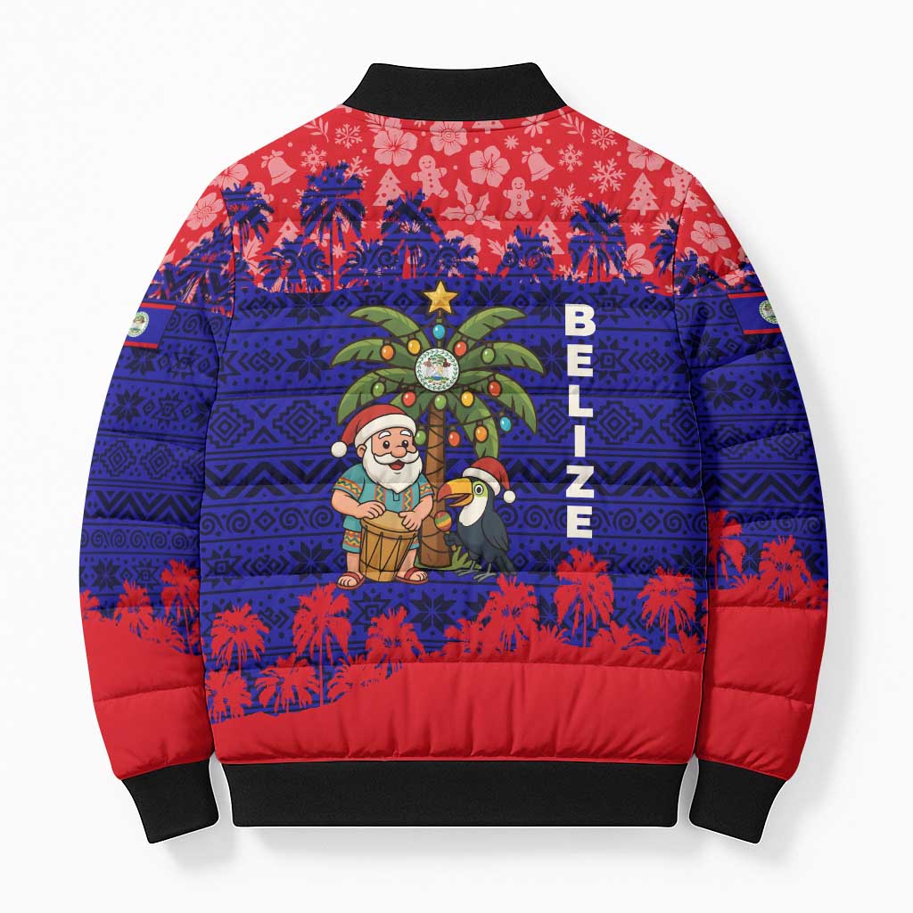 Belize Christmas Bomber Puffer Jacket with Santa Toucan Palm Tree and Tribal Holiday Pattern - Wonder Print Shop