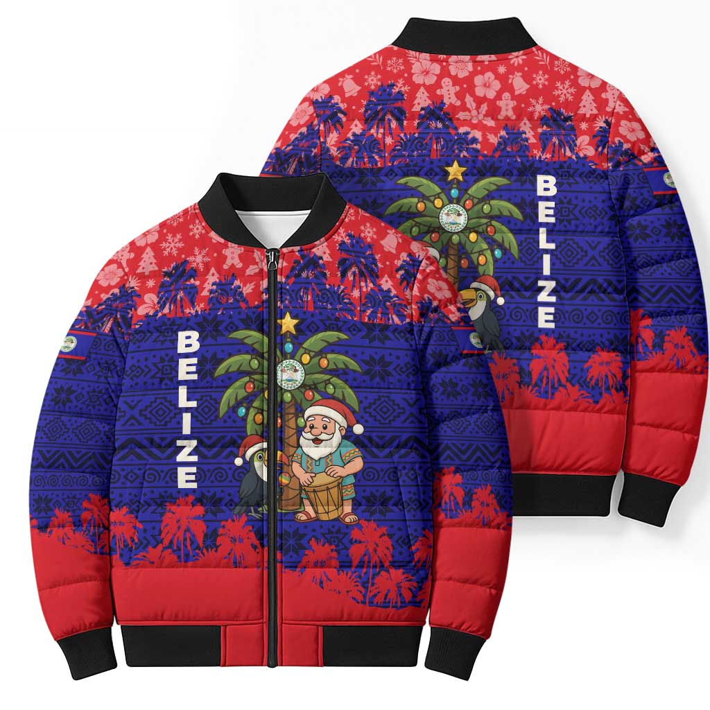 Belize Christmas Bomber Puffer Jacket with Santa Toucan Palm Tree and Tribal Holiday Pattern - Wonder Print Shop