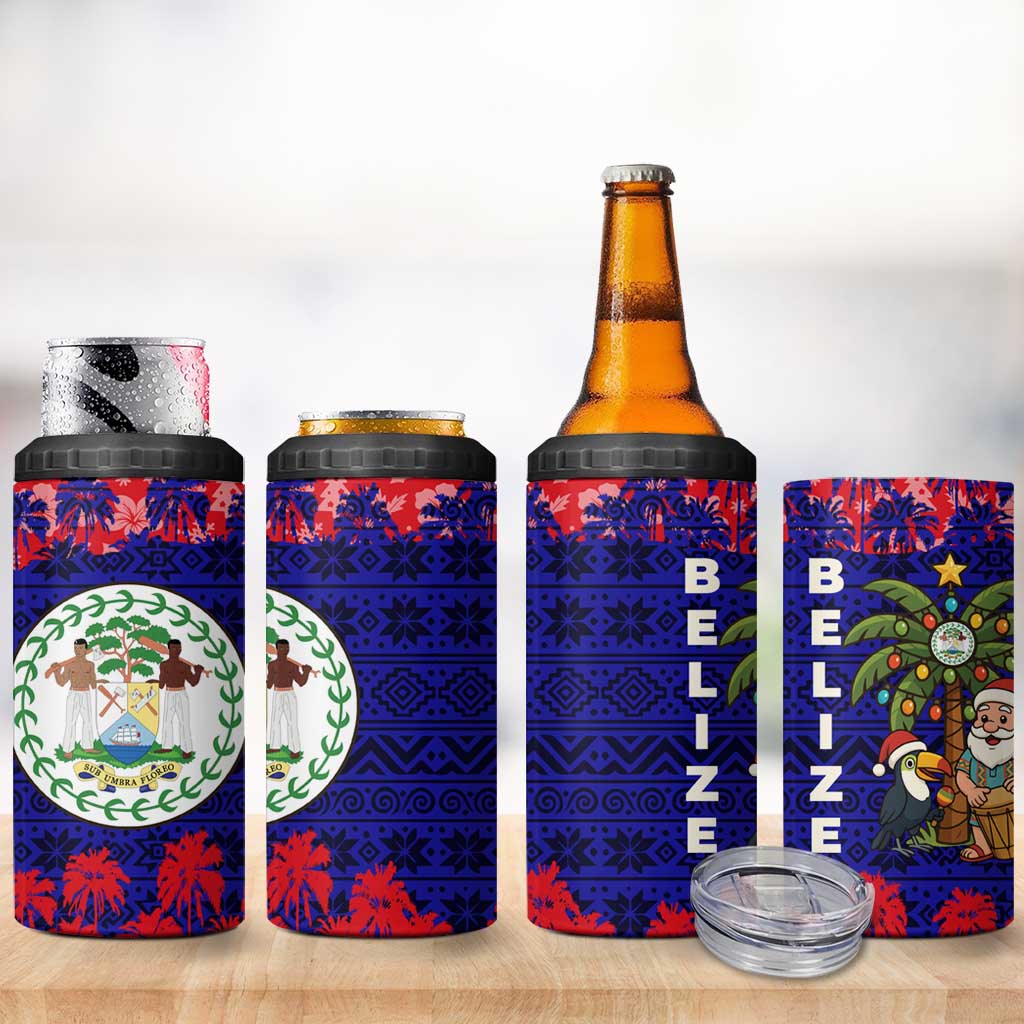 Belize Christmas 4 in 1 Can Cooler Tumbler with Santa Toucan Palm Tree and Tribal Holiday Pattern - Wonder Print Shop