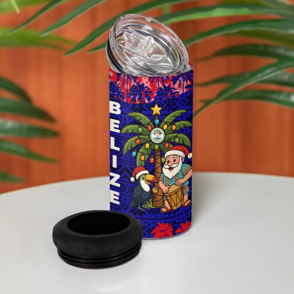 Belize Christmas 4 in 1 Can Cooler Tumbler with Santa Toucan Palm Tree and Tribal Holiday Pattern - Wonder Print Shop