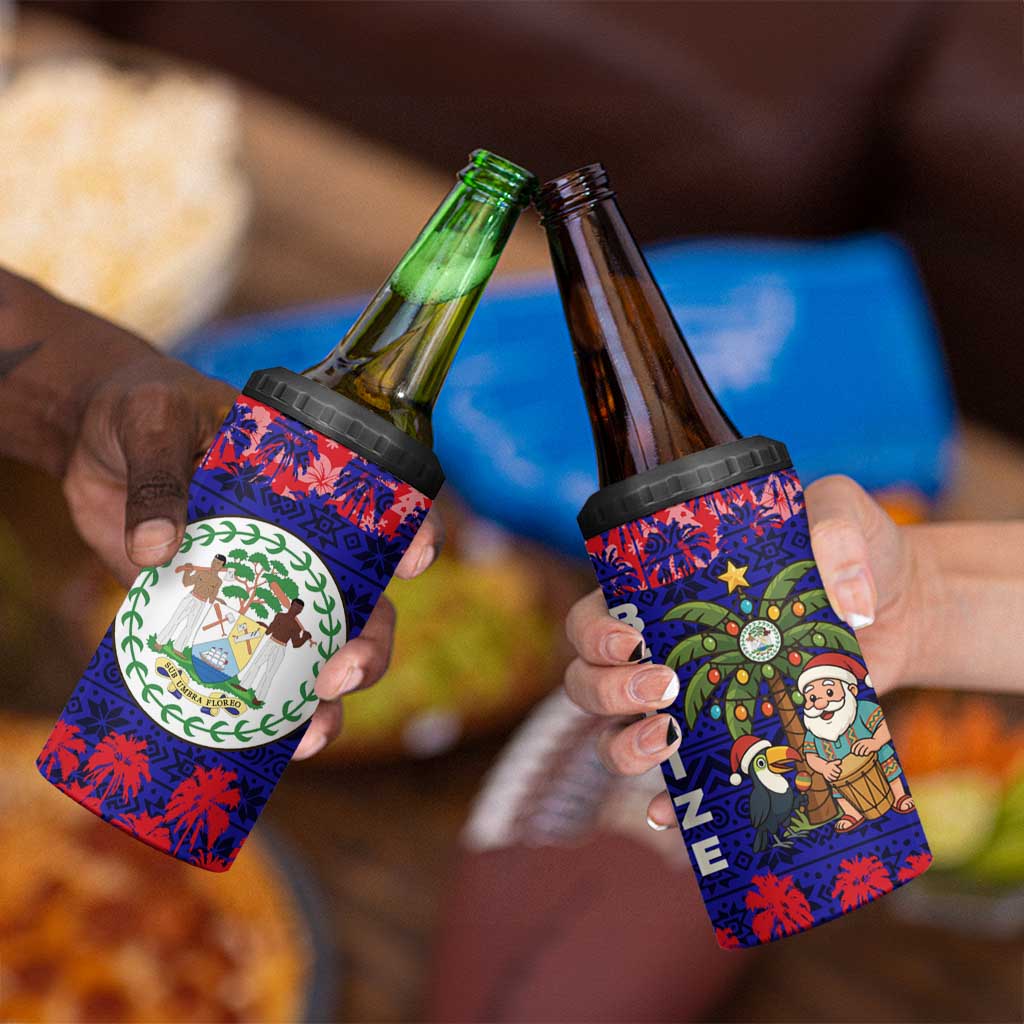 Belize Christmas 4 in 1 Can Cooler Tumbler with Santa Toucan Palm Tree and Tribal Holiday Pattern - Wonder Print Shop