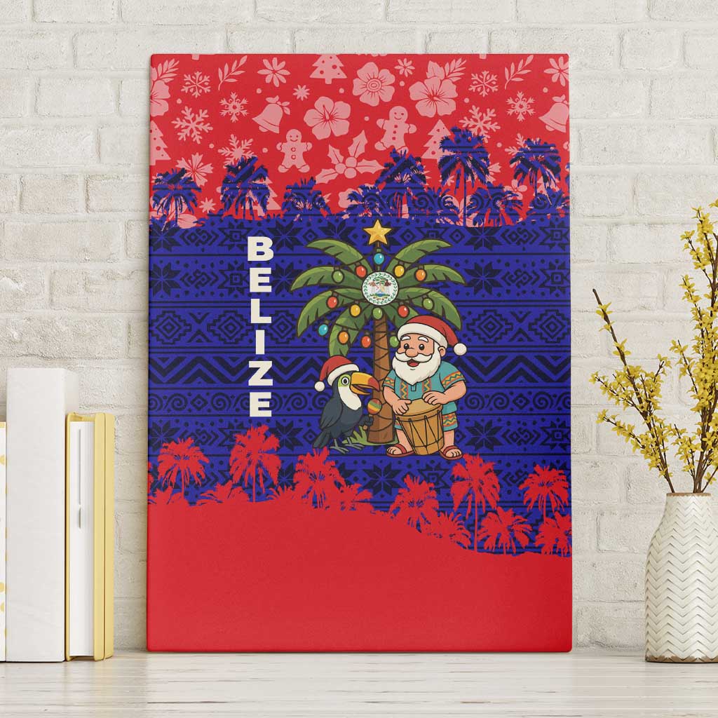 Belize Christmas Canvas Wall Art with Santa Toucan Palm Tree and Tribal Holiday Pattern - Wonder Print Shop