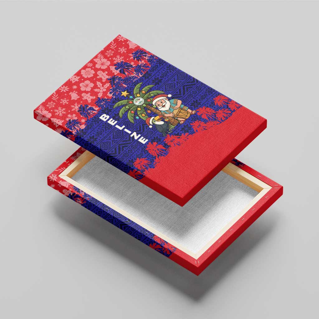 Belize Christmas Canvas Wall Art with Santa Toucan Palm Tree and Tribal Holiday Pattern - Wonder Print Shop