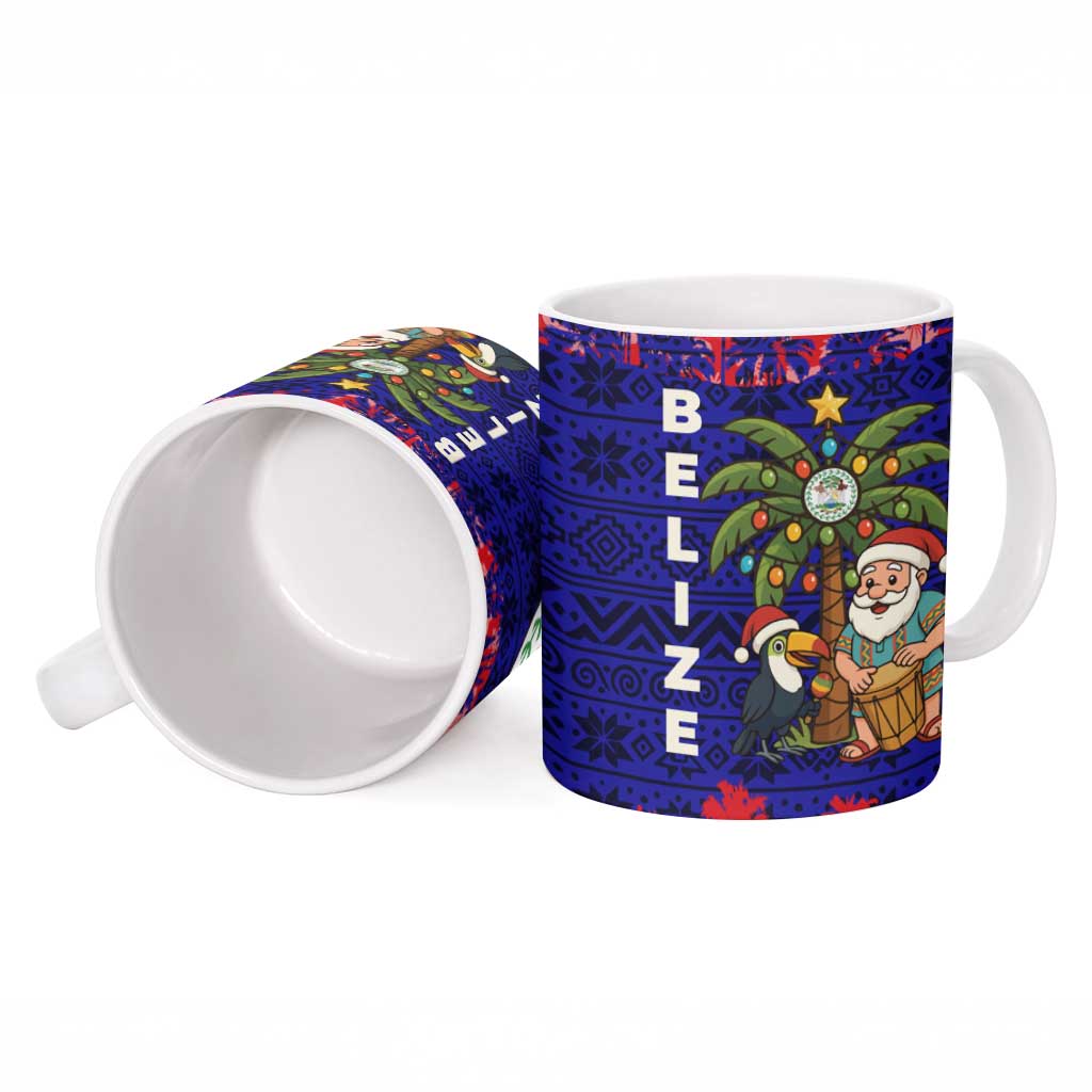 Belize Christmas Ceramic Mug with Santa Toucan Palm Tree and Tribal Holiday Pattern - Wonder Print Shop