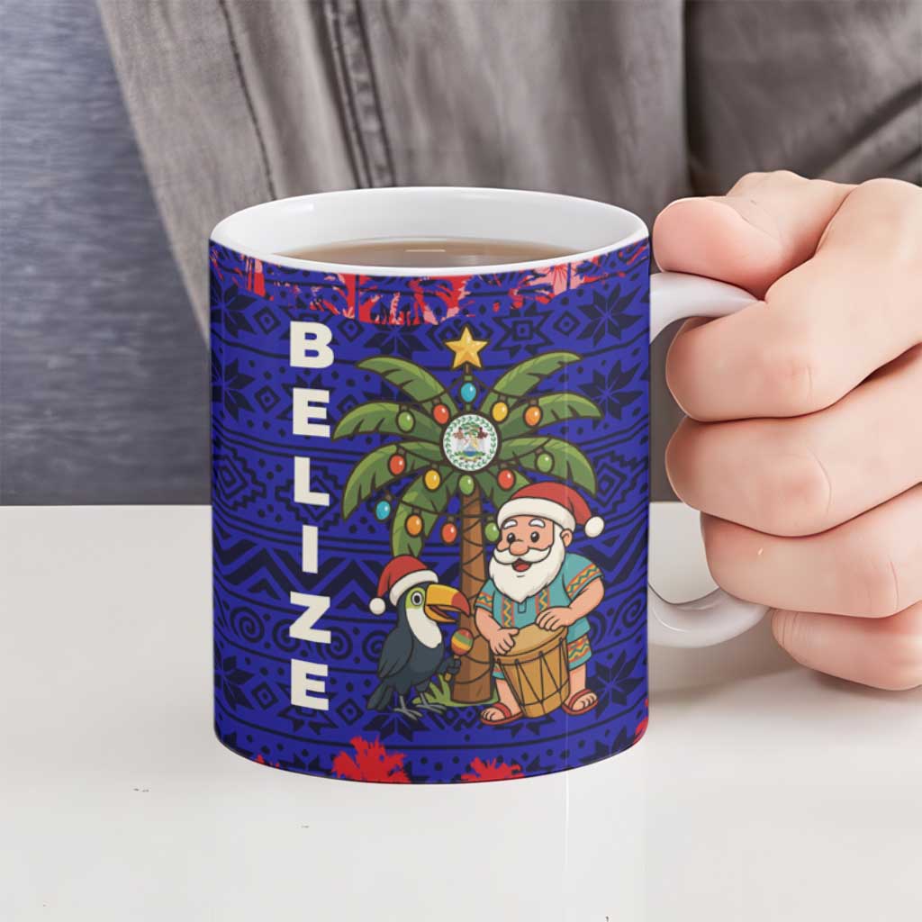 Belize Christmas Ceramic Mug with Santa Toucan Palm Tree and Tribal Holiday Pattern - Wonder Print Shop