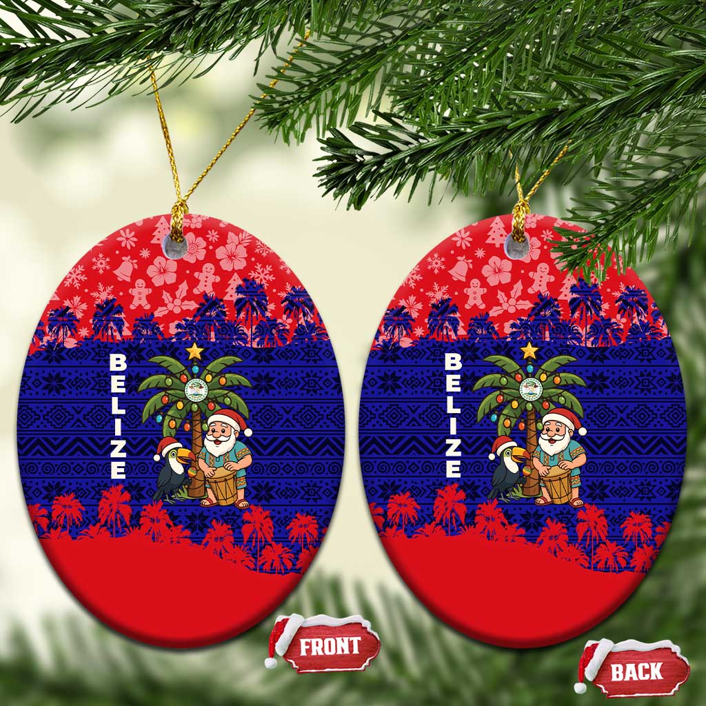 Belize Christmas Ceramic Ornament with Santa Toucan Palm Tree and Tribal Holiday Pattern - Wonder Print Shop
