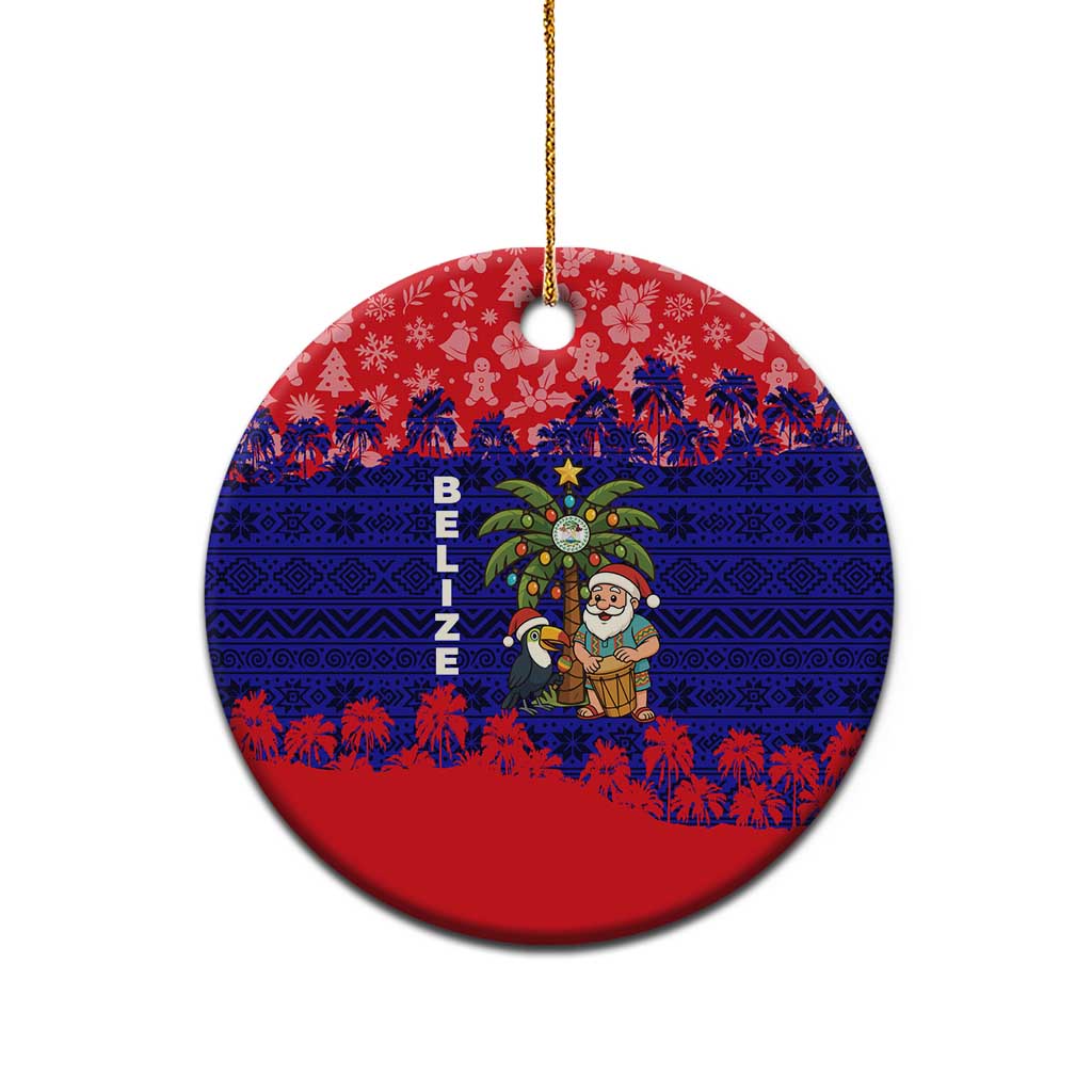 Belize Christmas Ceramic Ornament with Santa Toucan Palm Tree and Tribal Holiday Pattern - Wonder Print Shop