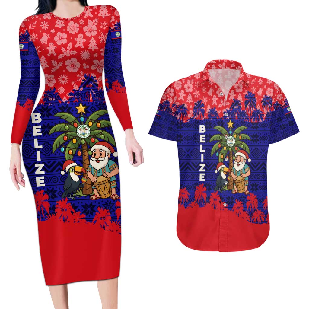 Belize Christmas Couples Matching Long Sleeve Bodycon Dress and Hawaiian Shirt with Santa Toucan Palm Tree and Tribal Holiday Pattern - Wonder Print Shop