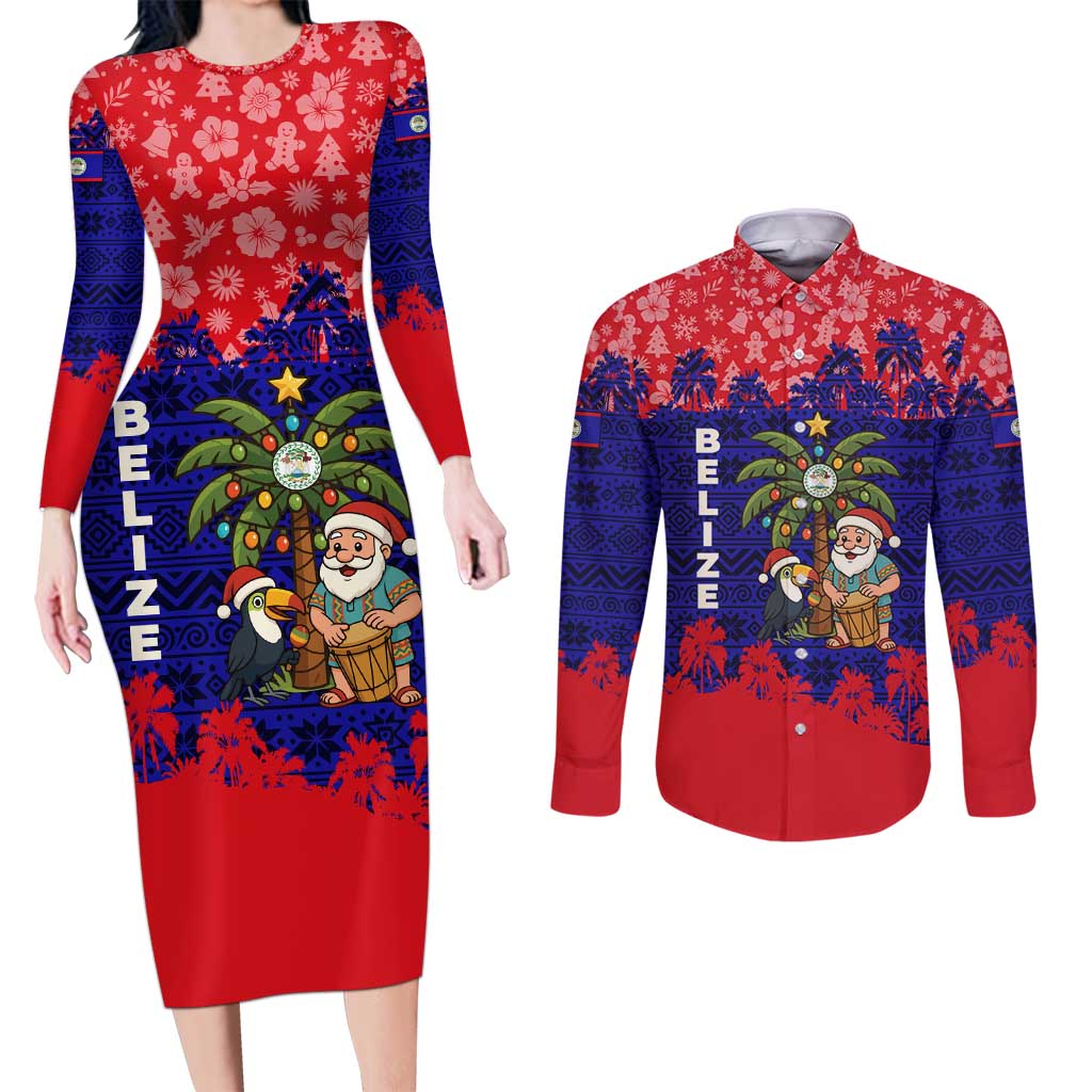 Belize Christmas Couples Matching Long Sleeve Bodycon Dress and Long Sleeve Button Shirt with Santa Toucan Palm Tree and Tribal Holiday Pattern - Wonder Print Shop