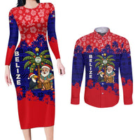 Belize Christmas Couples Matching Long Sleeve Bodycon Dress and Long Sleeve Button Shirt with Santa Toucan Palm Tree and Tribal Holiday Pattern - Wonder Print Shop