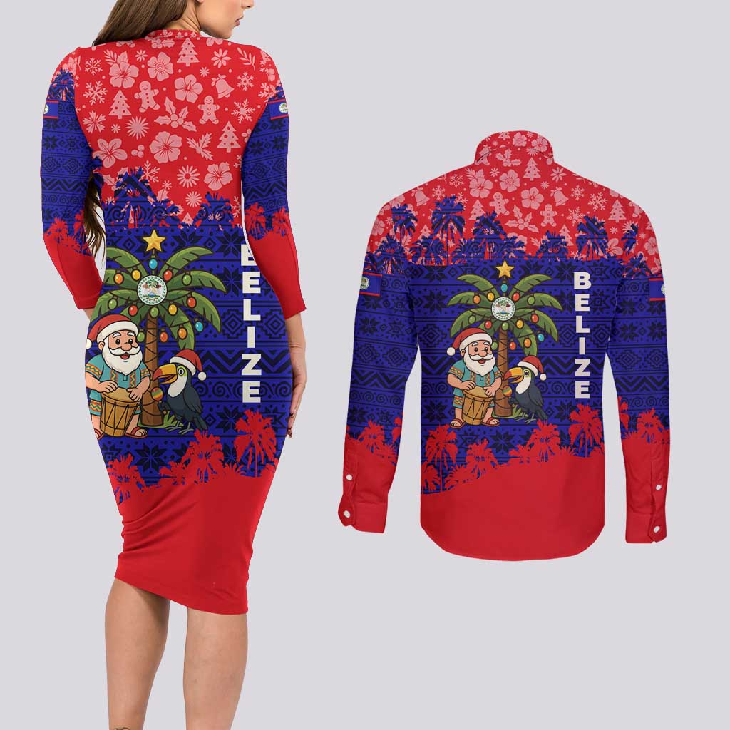 Belize Christmas Couples Matching Long Sleeve Bodycon Dress and Long Sleeve Button Shirt with Santa Toucan Palm Tree and Tribal Holiday Pattern - Wonder Print Shop