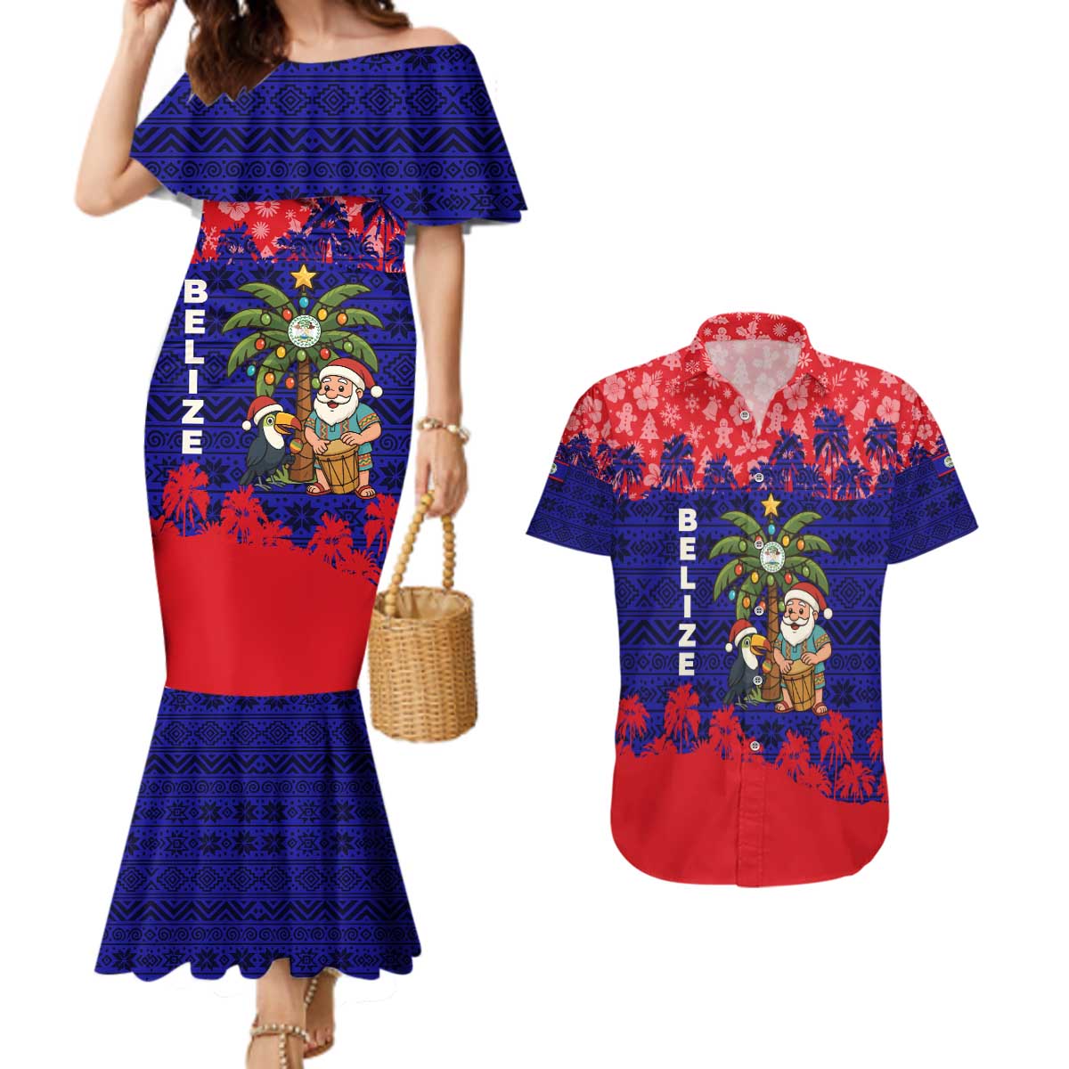 Belize Christmas Couples Matching Mermaid Dress and Hawaiian Shirt with Santa Toucan Palm Tree and Tribal Holiday Pattern - Wonder Print Shop