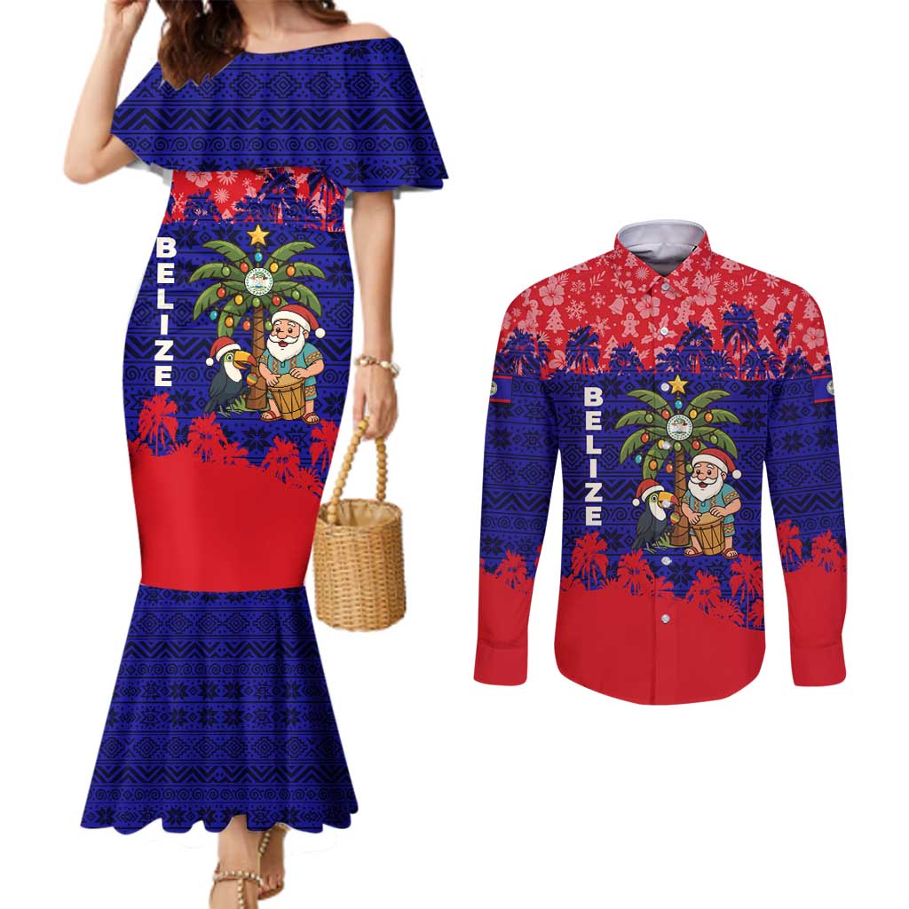 Belize Christmas Couples Matching Mermaid Dress and Long Sleeve Button Shirt with Santa Toucan Palm Tree and Tribal Holiday Pattern - Wonder Print Shop