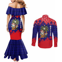 Belize Christmas Couples Matching Mermaid Dress and Long Sleeve Button Shirt with Santa Toucan Palm Tree and Tribal Holiday Pattern - Wonder Print Shop