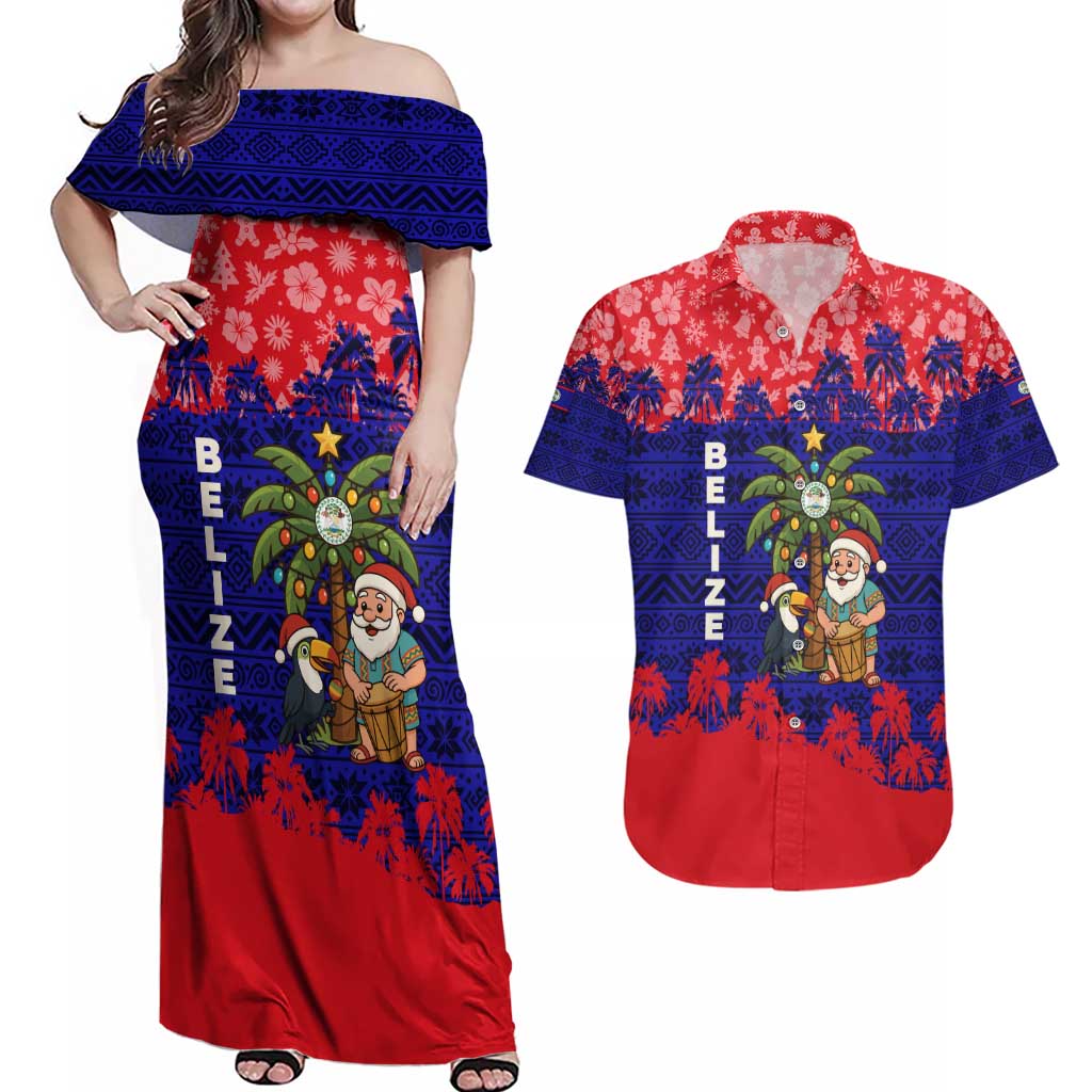 Belize Christmas Couples Matching Off Shoulder Maxi Dress and Hawaiian Shirt with Santa Toucan Palm Tree and Tribal Holiday Pattern - Wonder Print Shop