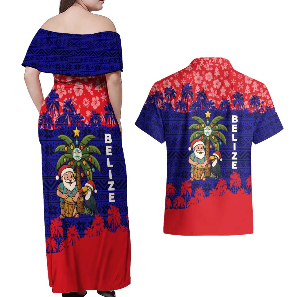 Belize Christmas Couples Matching Off Shoulder Maxi Dress and Hawaiian Shirt with Santa Toucan Palm Tree and Tribal Holiday Pattern - Wonder Print Shop