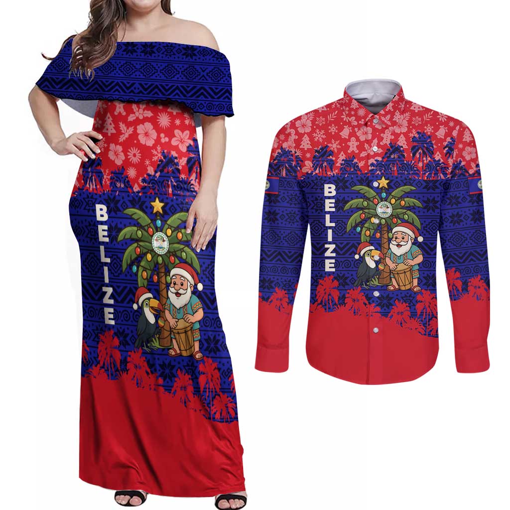 Belize Christmas Couples Matching Off Shoulder Maxi Dress and Long Sleeve Button Shirt with Santa Toucan Palm Tree and Tribal Holiday Pattern - Wonder Print Shop