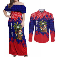 Belize Christmas Couples Matching Off Shoulder Maxi Dress and Long Sleeve Button Shirt with Santa Toucan Palm Tree and Tribal Holiday Pattern - Wonder Print Shop