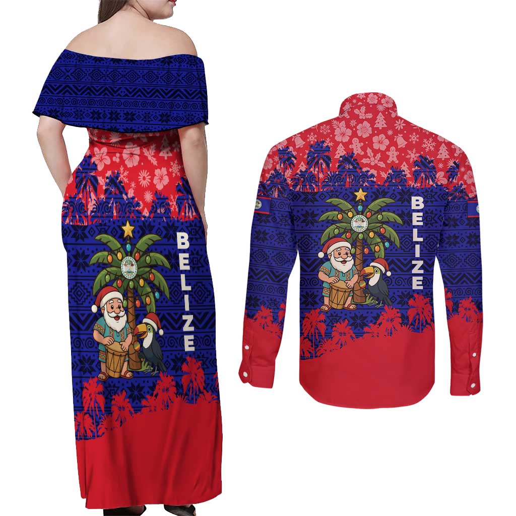 Belize Christmas Couples Matching Off Shoulder Maxi Dress and Long Sleeve Button Shirt with Santa Toucan Palm Tree and Tribal Holiday Pattern - Wonder Print Shop