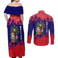 Belize Christmas Couples Matching Off Shoulder Maxi Dress and Long Sleeve Button Shirt with Santa Toucan Palm Tree and Tribal Holiday Pattern - Wonder Print Shop