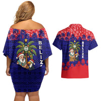 Belize Christmas Couples Matching Off Shoulder Short Dress and Hawaiian Shirt with Santa Toucan Palm Tree and Tribal Holiday Pattern - Wonder Print Shop