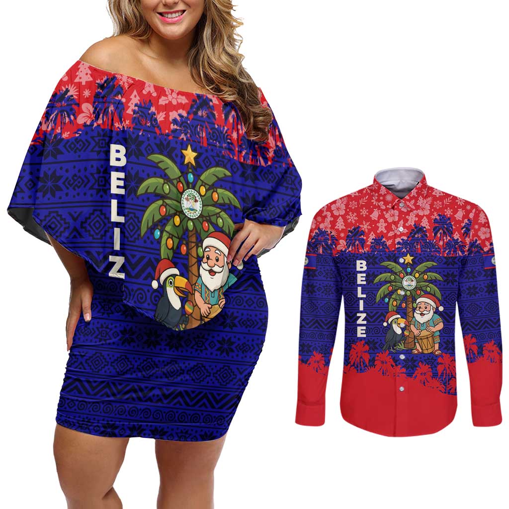 Belize Christmas Couples Matching Off Shoulder Short Dress and Long Sleeve Button Shirt with Santa Toucan Palm Tree and Tribal Holiday Pattern - Wonder Print Shop
