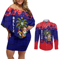 Belize Christmas Couples Matching Off Shoulder Short Dress and Long Sleeve Button Shirt with Santa Toucan Palm Tree and Tribal Holiday Pattern - Wonder Print Shop