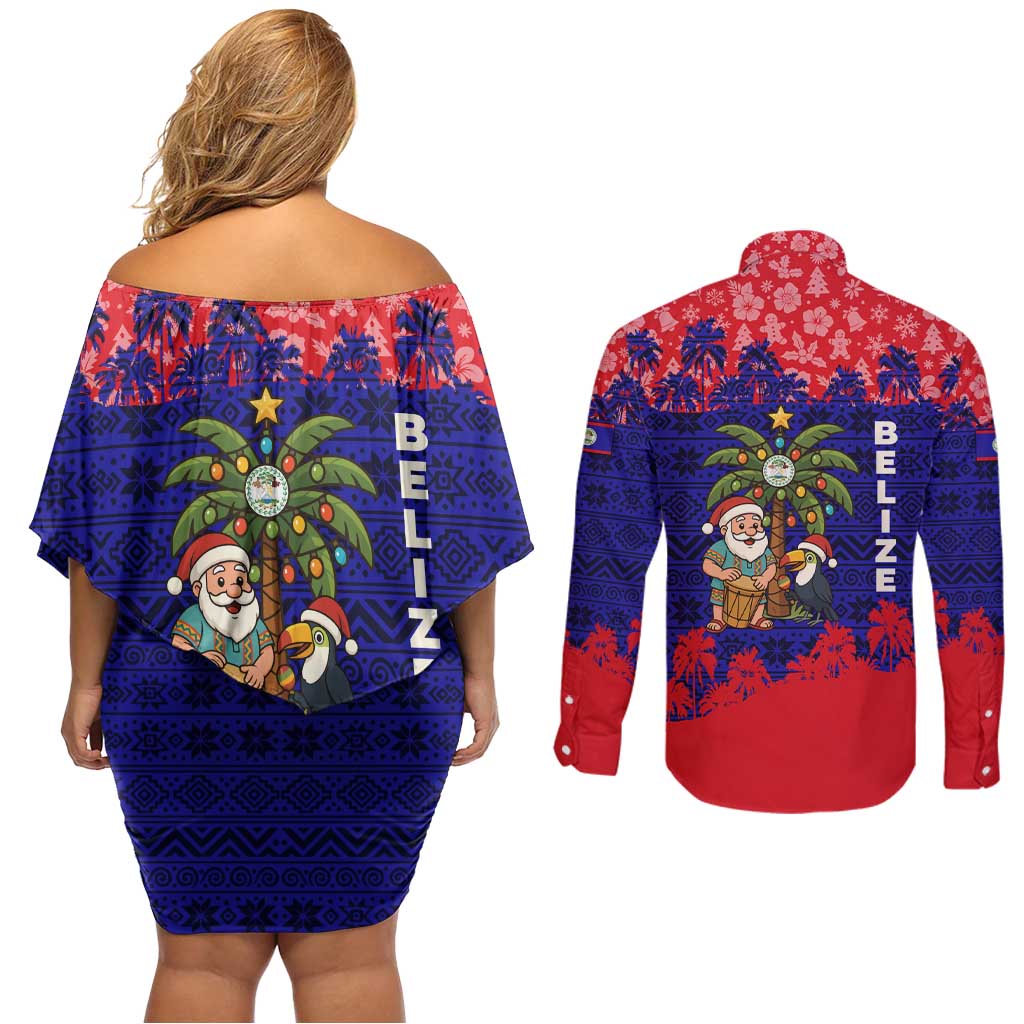 Belize Christmas Couples Matching Off Shoulder Short Dress and Long Sleeve Button Shirt with Santa Toucan Palm Tree and Tribal Holiday Pattern - Wonder Print Shop