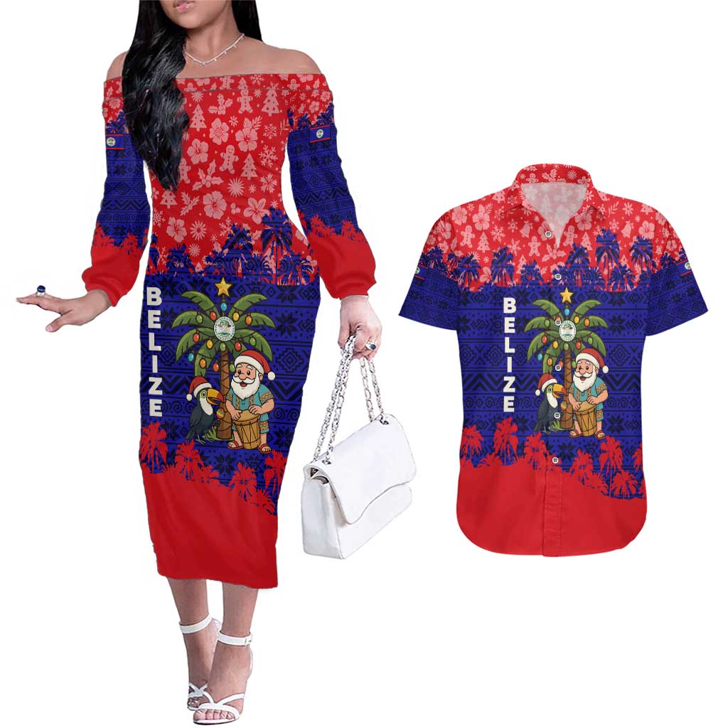 Belize Christmas Couples Matching Off The Shoulder Long Sleeve Dress and Hawaiian Shirt with Santa Toucan Palm Tree and Tribal Holiday Pattern - Wonder Print Shop