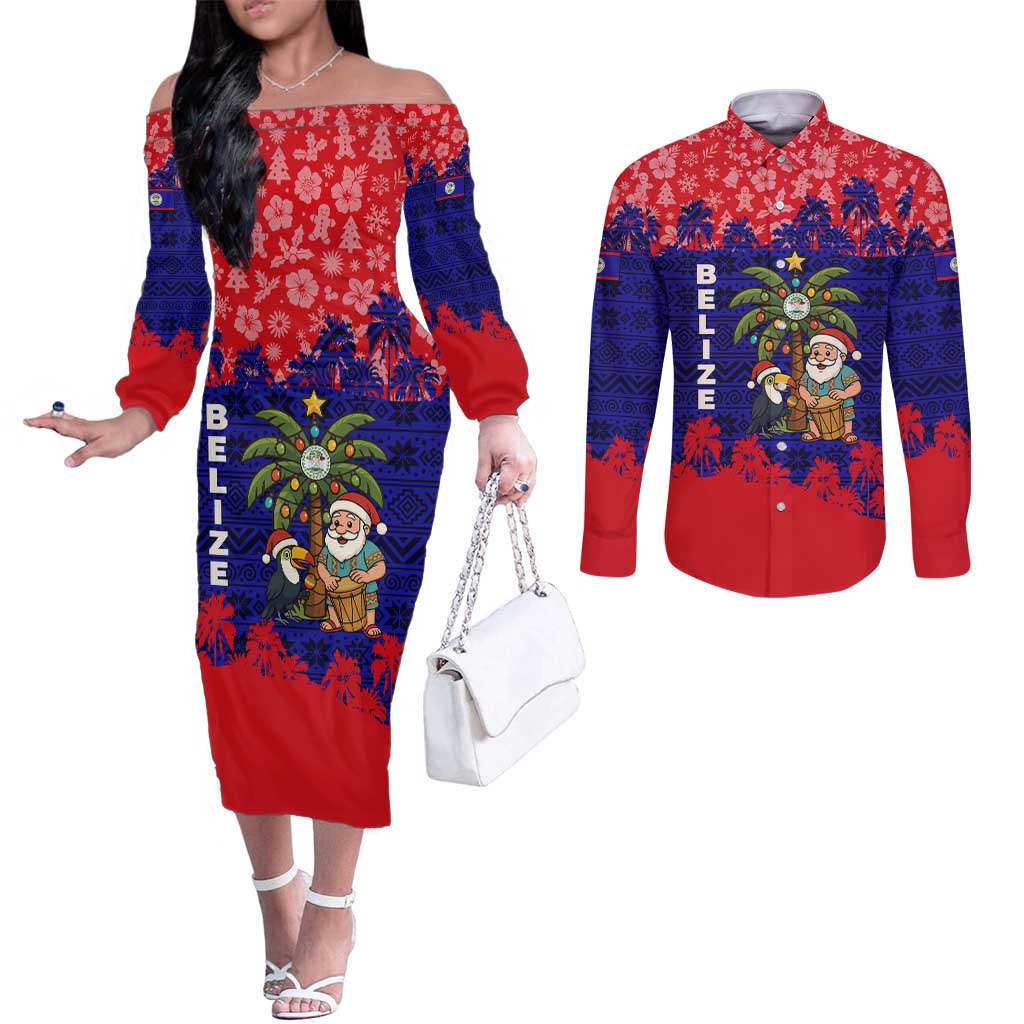 Belize Christmas Couples Matching Off The Shoulder Long Sleeve Dress and Long Sleeve Button Shirt with Santa Toucan Palm Tree and Tribal Holiday Pattern - Wonder Print Shop
