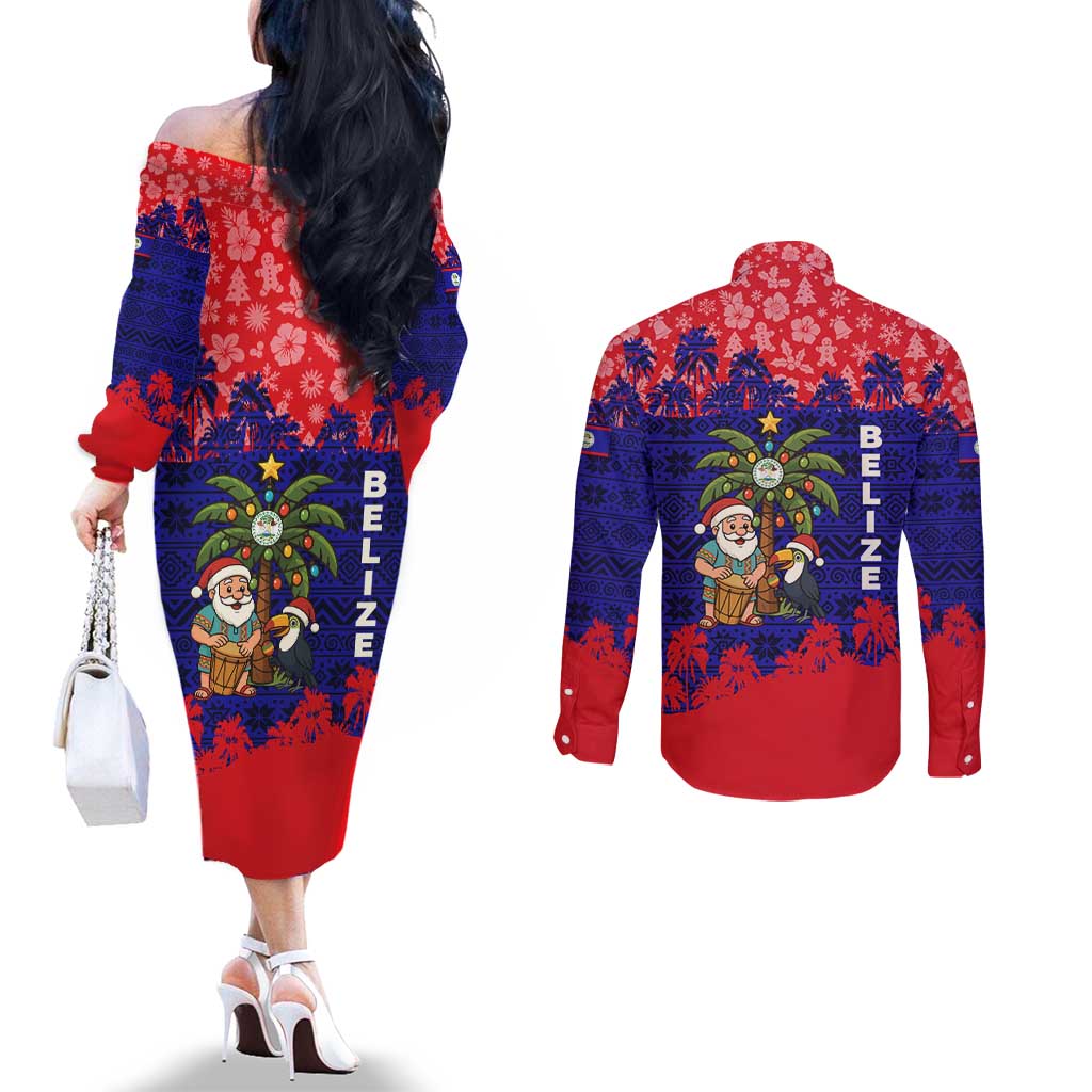 Belize Christmas Couples Matching Off The Shoulder Long Sleeve Dress and Long Sleeve Button Shirt with Santa Toucan Palm Tree and Tribal Holiday Pattern - Wonder Print Shop