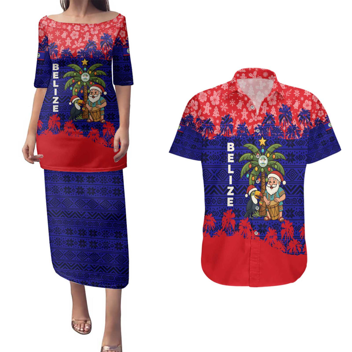 Belize Christmas Couples Matching Puletasi and Hawaiian Shirt with Santa Toucan Palm Tree and Tribal Holiday Pattern - Wonder Print Shop
