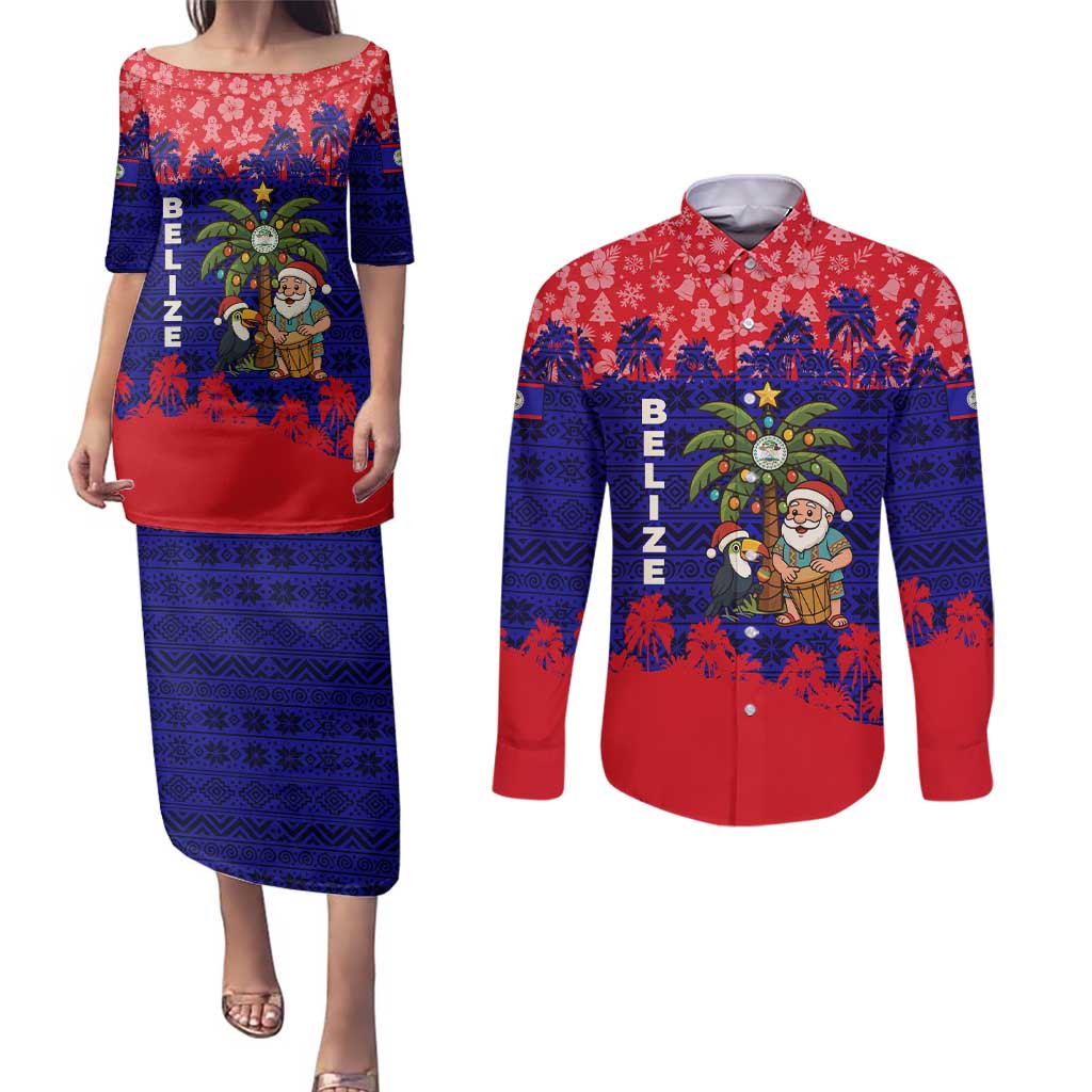 Belize Christmas Couples Matching Puletasi and Long Sleeve Button Shirt with Santa Toucan Palm Tree and Tribal Holiday Pattern - Wonder Print Shop