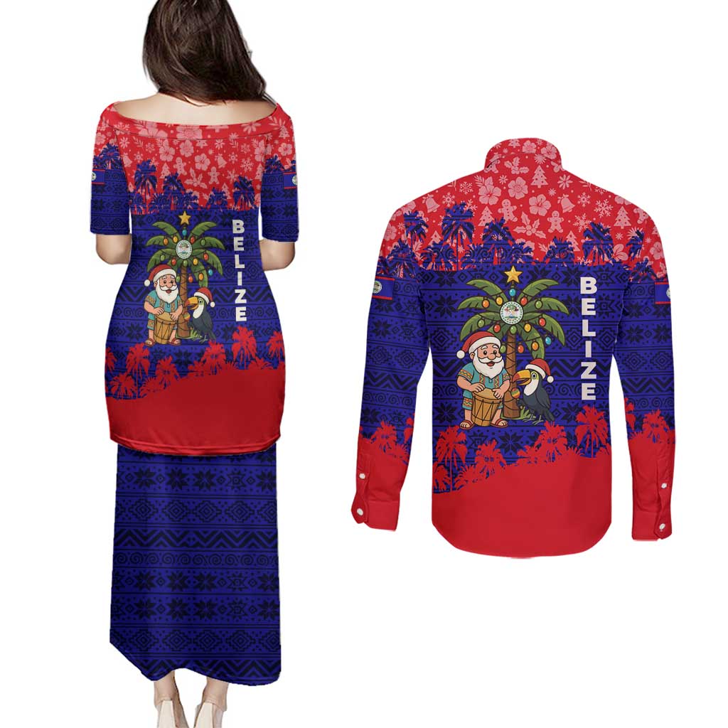 Belize Christmas Couples Matching Puletasi and Long Sleeve Button Shirt with Santa Toucan Palm Tree and Tribal Holiday Pattern - Wonder Print Shop