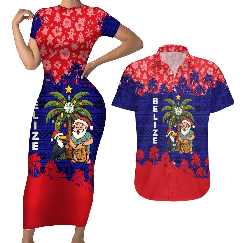 Belize Christmas Couples Matching Short Sleeve Bodycon Dress and Hawaiian Shirt with Santa Toucan Palm Tree and Tribal Holiday Pattern - Wonder Print Shop