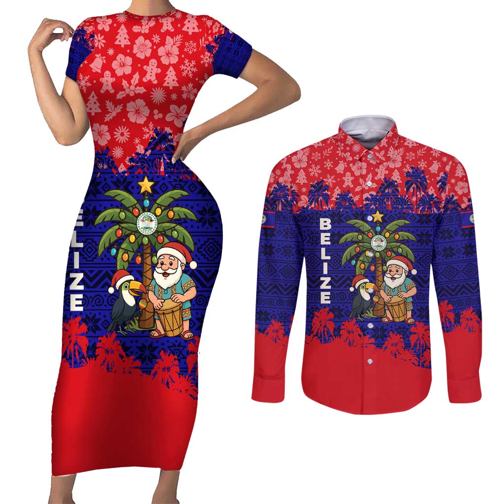Belize Christmas Couples Matching Short Sleeve Bodycon Dress and Long Sleeve Button Shirt with Santa Toucan Palm Tree and Tribal Holiday Pattern - Wonder Print Shop