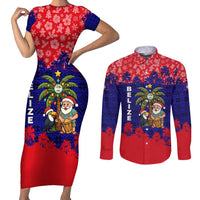Belize Christmas Couples Matching Short Sleeve Bodycon Dress and Long Sleeve Button Shirt with Santa Toucan Palm Tree and Tribal Holiday Pattern - Wonder Print Shop