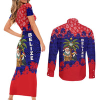 Belize Christmas Couples Matching Short Sleeve Bodycon Dress and Long Sleeve Button Shirt with Santa Toucan Palm Tree and Tribal Holiday Pattern - Wonder Print Shop