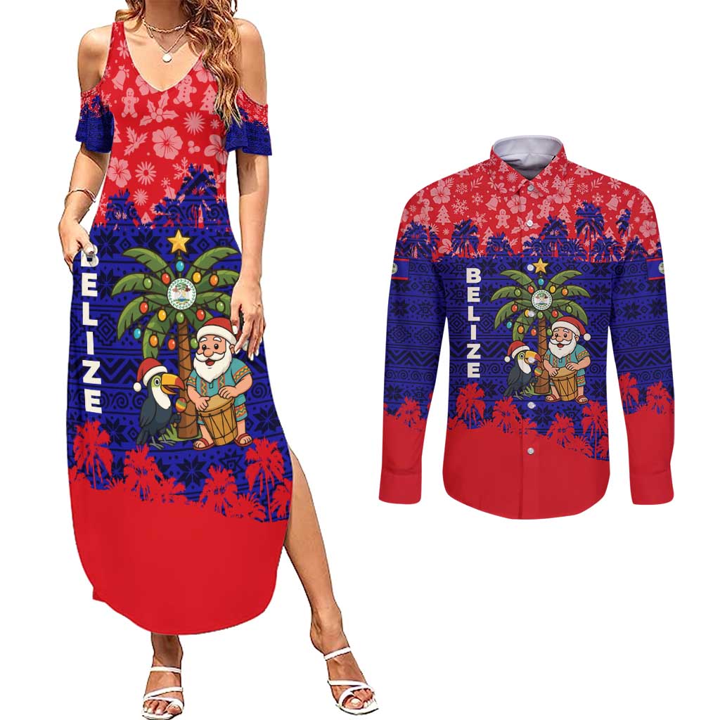 Belize Christmas Couples Matching Summer Maxi Dress and Long Sleeve Button Shirt with Santa Toucan Palm Tree and Tribal Holiday Pattern - Wonder Print Shop